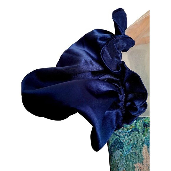 Vtg Girls Floral Tapestry Dress With Sheer Bodice & Navy Satin Puff Sleeves - Picture 4 of 15